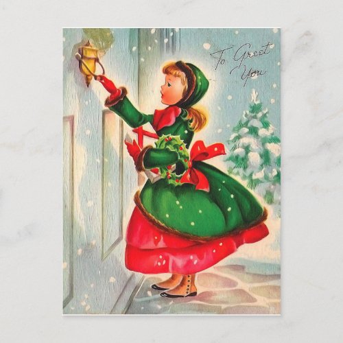 Girl with Christmas wreath at the door Postcard