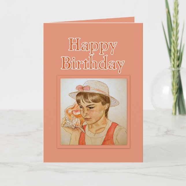 Girl With Conch Shell Happy Birthday Card (Front)