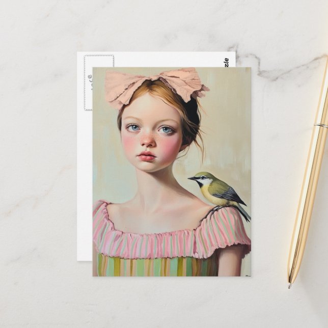 Girl with Cute Bird on Her Shoulder Postcard (Front/Back In Situ)