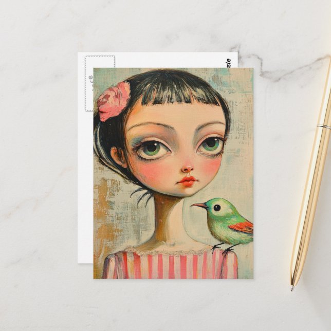 Girl with Cute Green Bird on Her Shoulder Postcard (Front/Back In Situ)