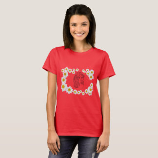 Girl with daisy flowers around, pretty T-shirt