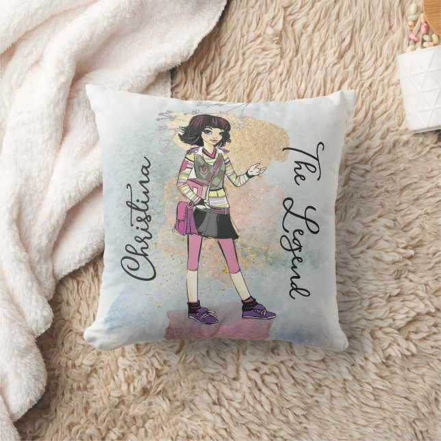 Girl With Dark Hair Gold Name Text Throw Pillow (Blanket)