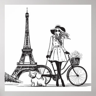 Girl with dog in Paris near Eiffel tower	 Poster