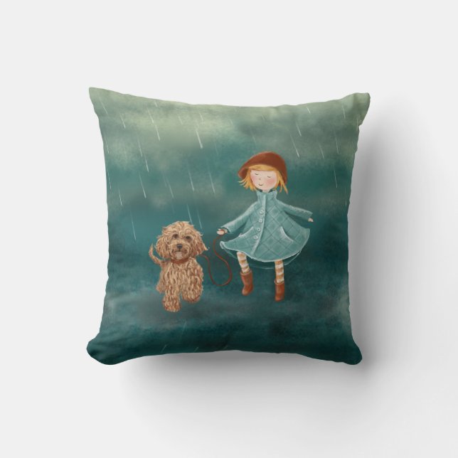 Girl With Dog Paintings / Labradoodle Love Throw Pillow (Front)
