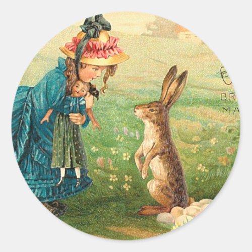 Girl With Doll and Rabbit Vintage Easter Classic Round Sticker