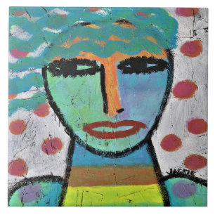 Girl with Dots Abstract Painting on OSB Board Ceramic Tile