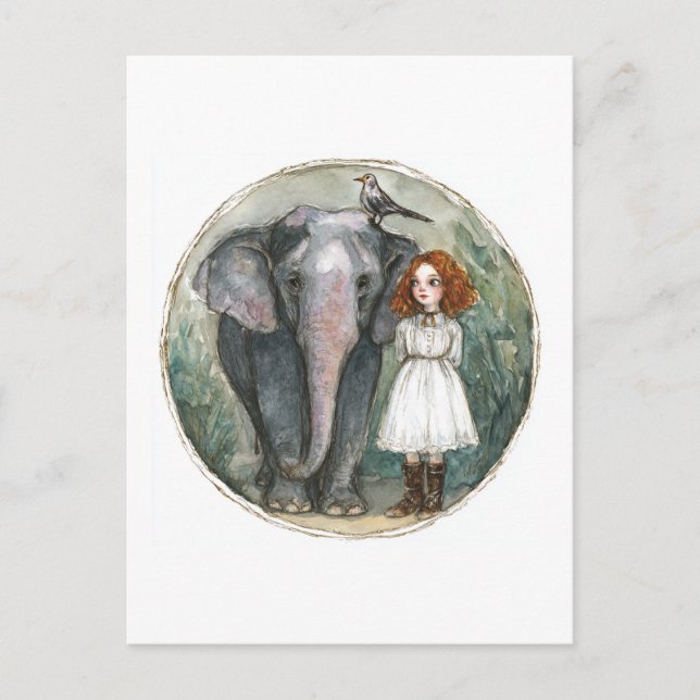 Girl With Elephant and Bird Postcard (Front)