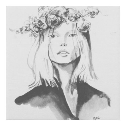 Girl with Flower Crown Ink Illustration Faux Canvas Print