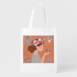 girl with flowers and bird	 grocery bag
