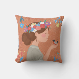 girl with flowers and bird	 throw pillow