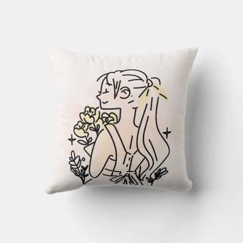 Girl with Flowers  Beige Aesthetic Square Pillow