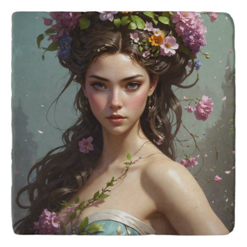 Girl with flowers in her hair trivet