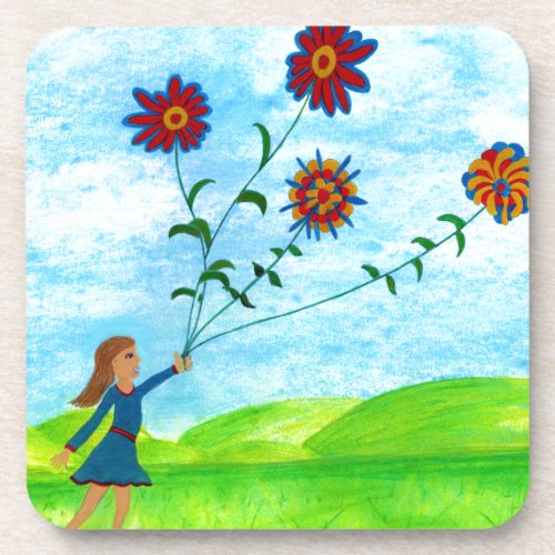 Girl With Flowers Square Beverage Coaster