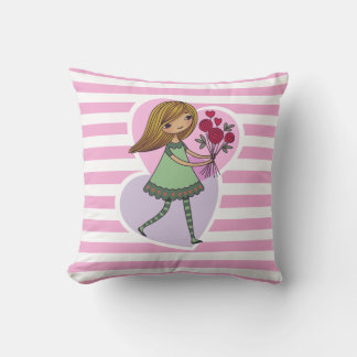 Girl With Flowers Throw Pillow