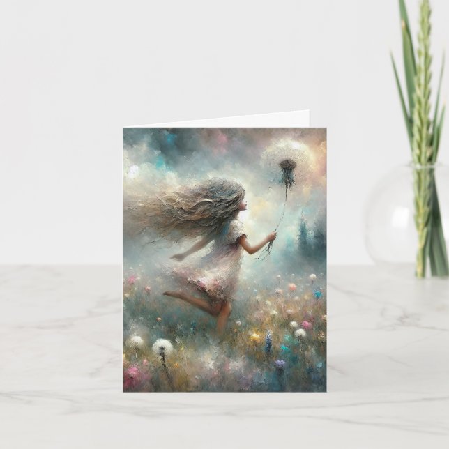 Girl With Fluffy Dandelion  Holiday Card (Front)