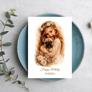 Girl With French Bulldog Puppy Card