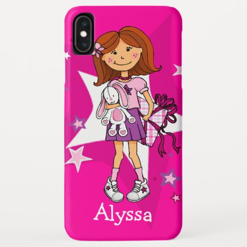 Girl with gift and cute white rabbit hot pink case