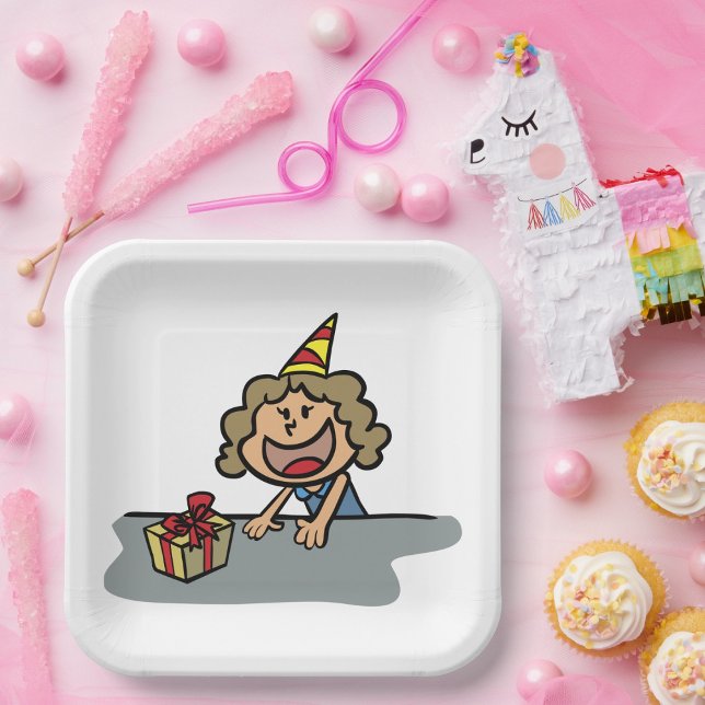 Girl with Gift and Party Hat Birthday Celebration Paper Plates (Creator Uploaded)