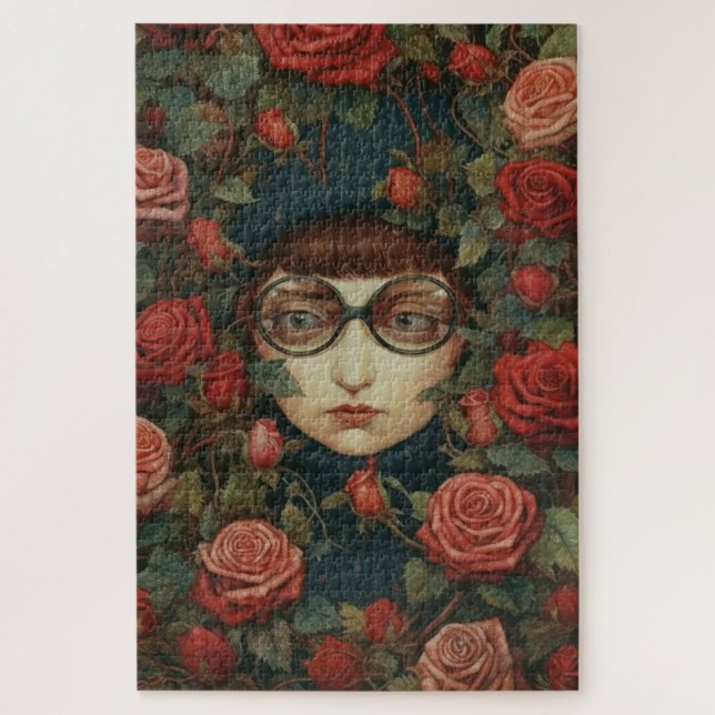 Girl with glasses surrounded by roses   jigsaw puzzle (Vertical)