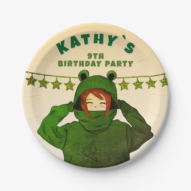 Girl with Green Frog Hoodie Drawing Birthday Paper Plates (Front)
