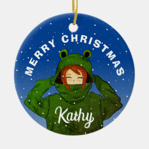 Girl with Green Frog Hoodie Drawing Christmas Ceramic Ornament