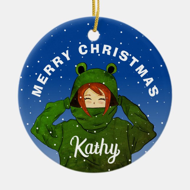 Girl with Green Frog Hoodie Drawing Christmas  Ceramic Ornament (Front)