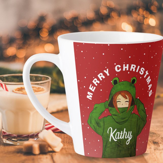 Girl with Green Frog Hoodie Drawing Christmas  Latte Mug (Creator Uploaded)