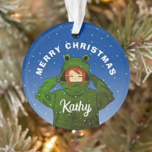 Girl with Green Frog Hoodie Drawing Christmas Ornament