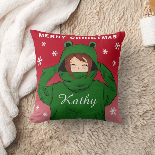 Girl with Green Frog Hoodie Snowflakes Christmas Throw Pillow (Blanket)