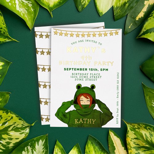Girl with Green Frog Hoodie Stars Birthday  Foil Invitation
