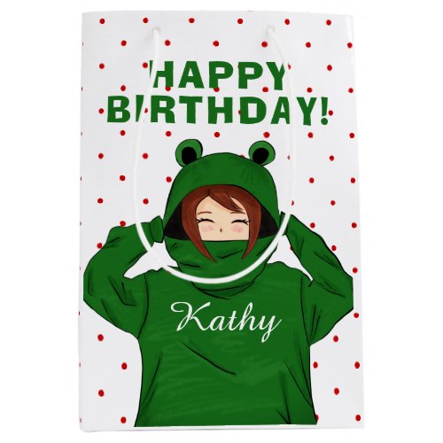 Girl with Green Frog Hoody Drawing Birthday Medium Gift Bag