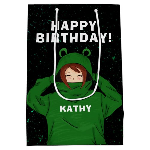 Girl with Green Frog Hoody Drawing Birthday Medium Gift Bag