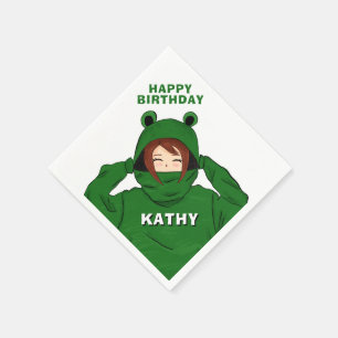 Girl with Green Frog Hoody Drawing Birthday Napkins
