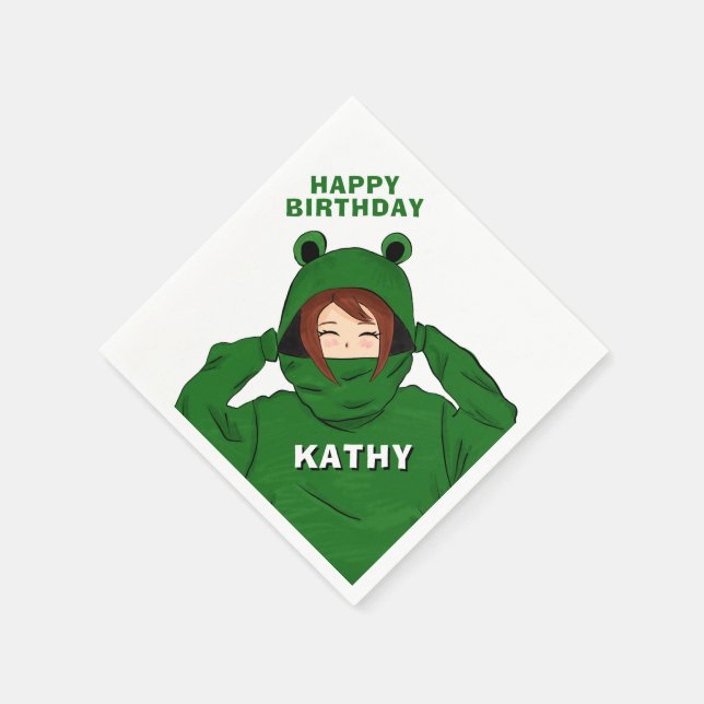 Girl with Green Frog Hoody Drawing Birthday Napkins (Corner)
