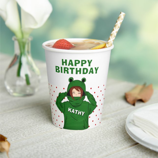 Girl with Green Frog Hoody Drawing Birthday Paper Cups (Insitu)