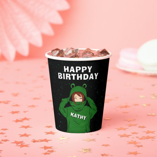 Girl with Green Frog Hoody Drawing Birthday  Paper Cups