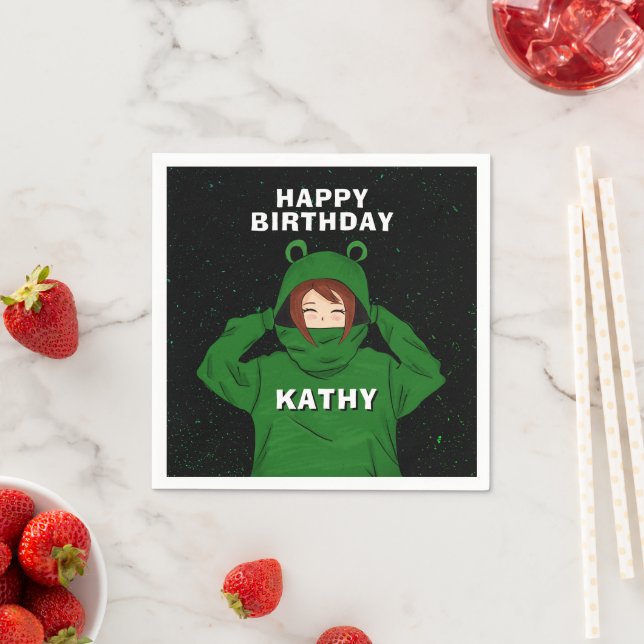 Girl with Green Frog Hoody Drawing Birthday Party Napkins (Insitu)