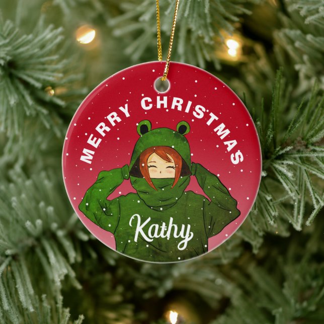 Girl with Green Frog Hoody Drawing Christmas Ceramic Ornament (Tree)