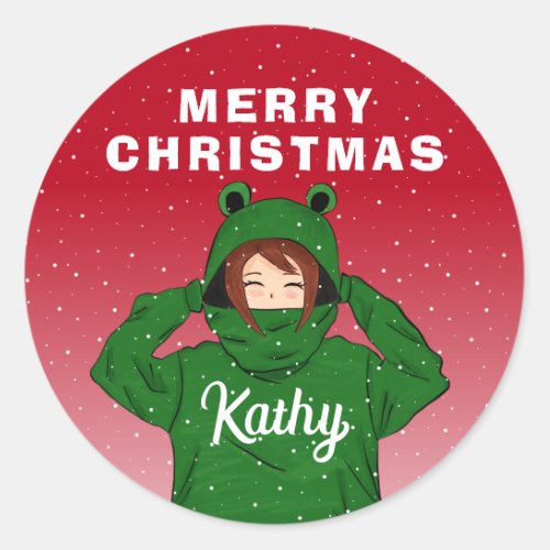 Girl with Green Frog Hoody Drawing Christmas  Classic Round Sticker