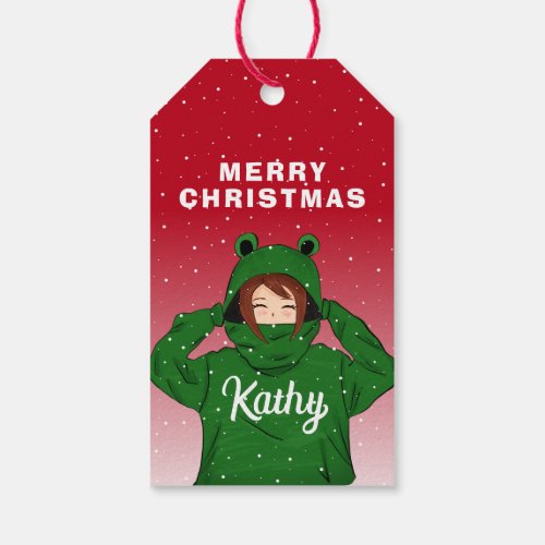 Girl with Green Frog Hoody Drawing Christmas Gift Tags