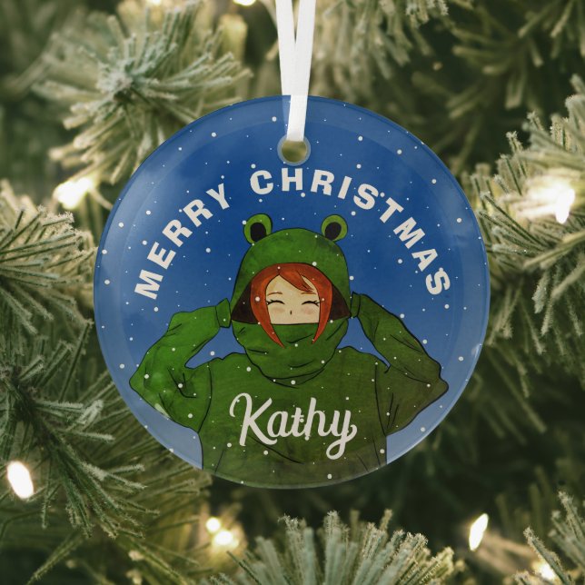 Girl with Green Frog Hoody Drawing Christmas Glass Ornament (Insitu)