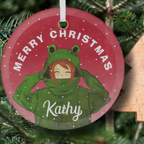 Girl with Green Frog Hoody Drawing Christmas  Glass Ornament