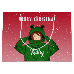 Girl with Green Frog Hoody Drawing Christmas Large Gift Bag
