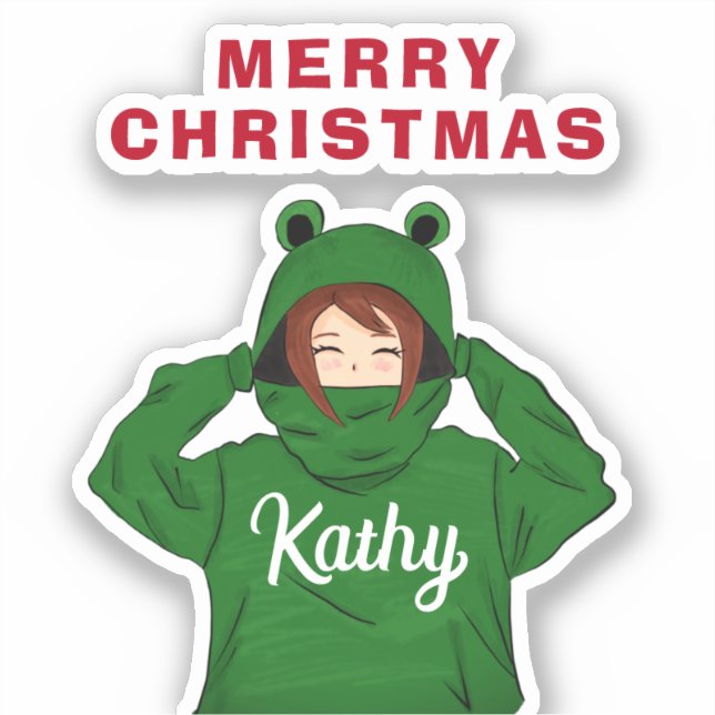 Girl with Green Frog Hoody Drawing Christmas  Sticker (Front)