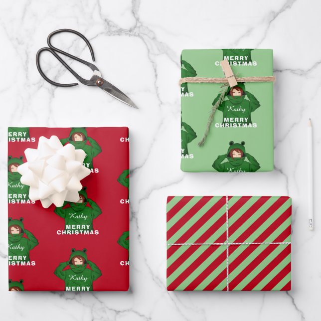 Girl with Green Frog Hoody Drawing Christmas Wrapping Paper Sheets (Front)