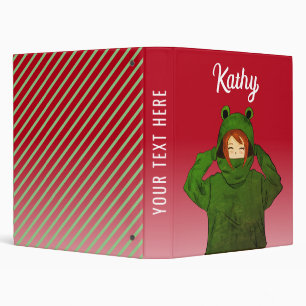 Girl with Green Frog Hoody Drawing Custom Name 3 Ring Binder