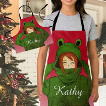 Girl with Green Frog Hoody Drawing Custom Name Apron