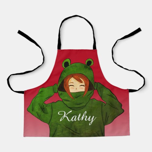 Girl with Green Frog Hoody Drawing Custom Name Apron