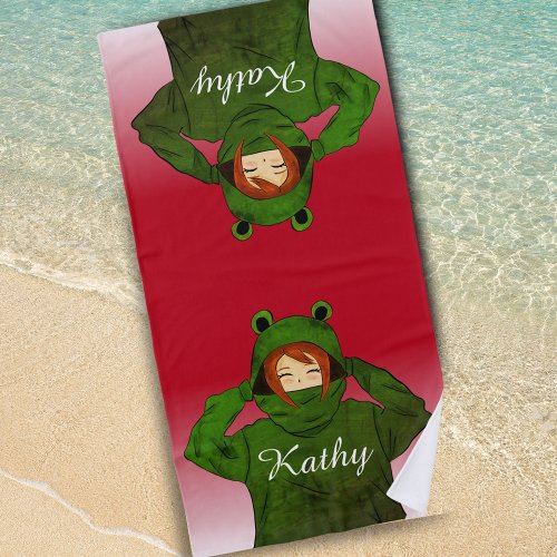 Girl with Green Frog Hoody Drawing Custom Name Beach Towel