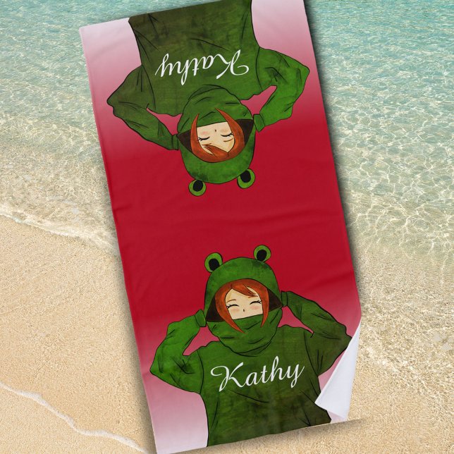 Girl with Green Frog Hoody Drawing Custom Name Beach Towel (Creator Uploaded)